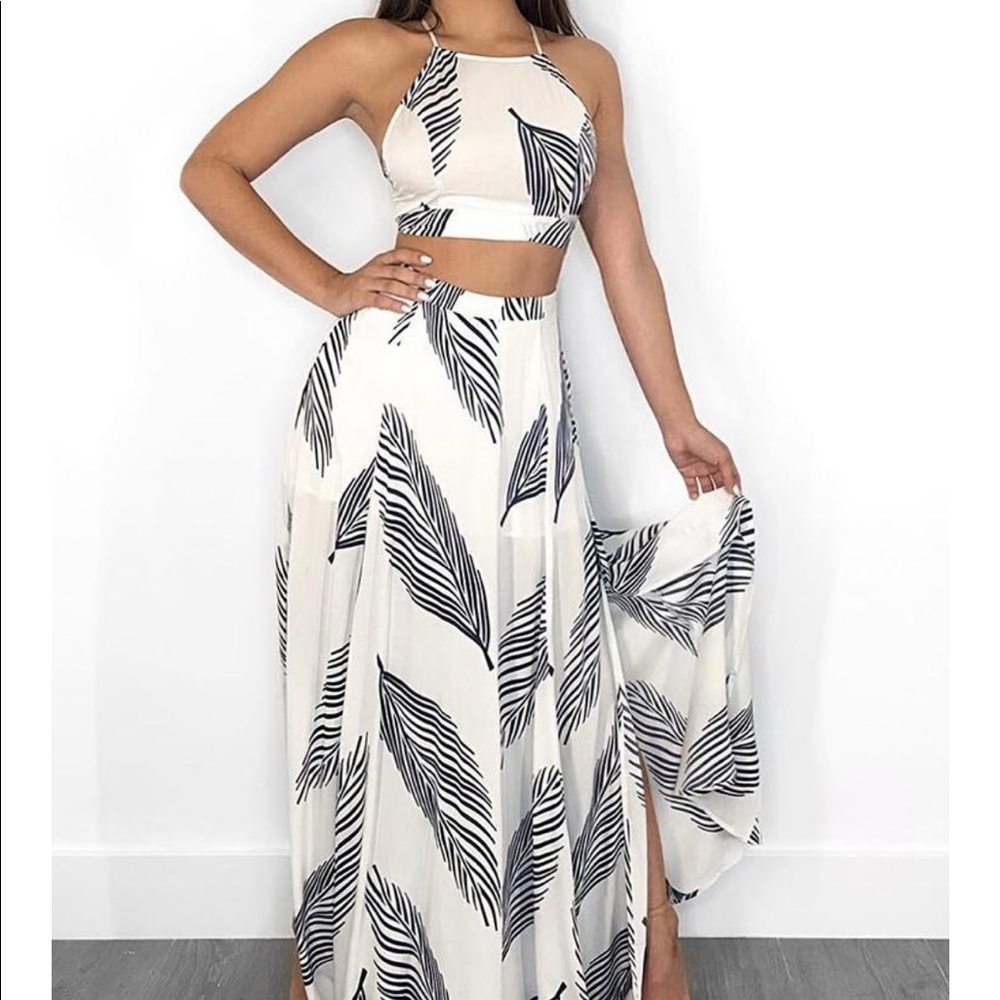 Leaf Print Backless Cami & Split Maxi Skirt Set